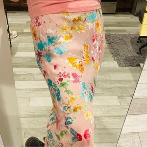 Anthro Italian BELLA VALENTINA Silk Diagonal Midi Skirt Butterfly Floral Fiesta